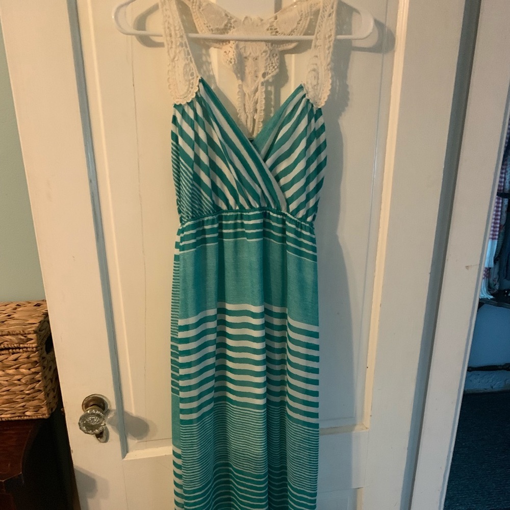 Green/white stripes maxi with crochet straps
